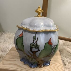 Vintage M.Z. Austria Hand Painted Bird Scene Covered Jar